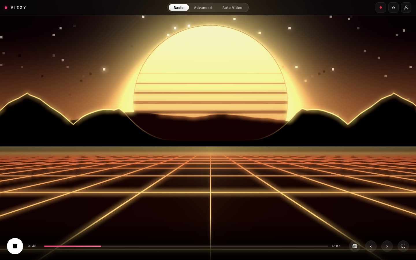 VIZZY playing a song with a retro sunset scene