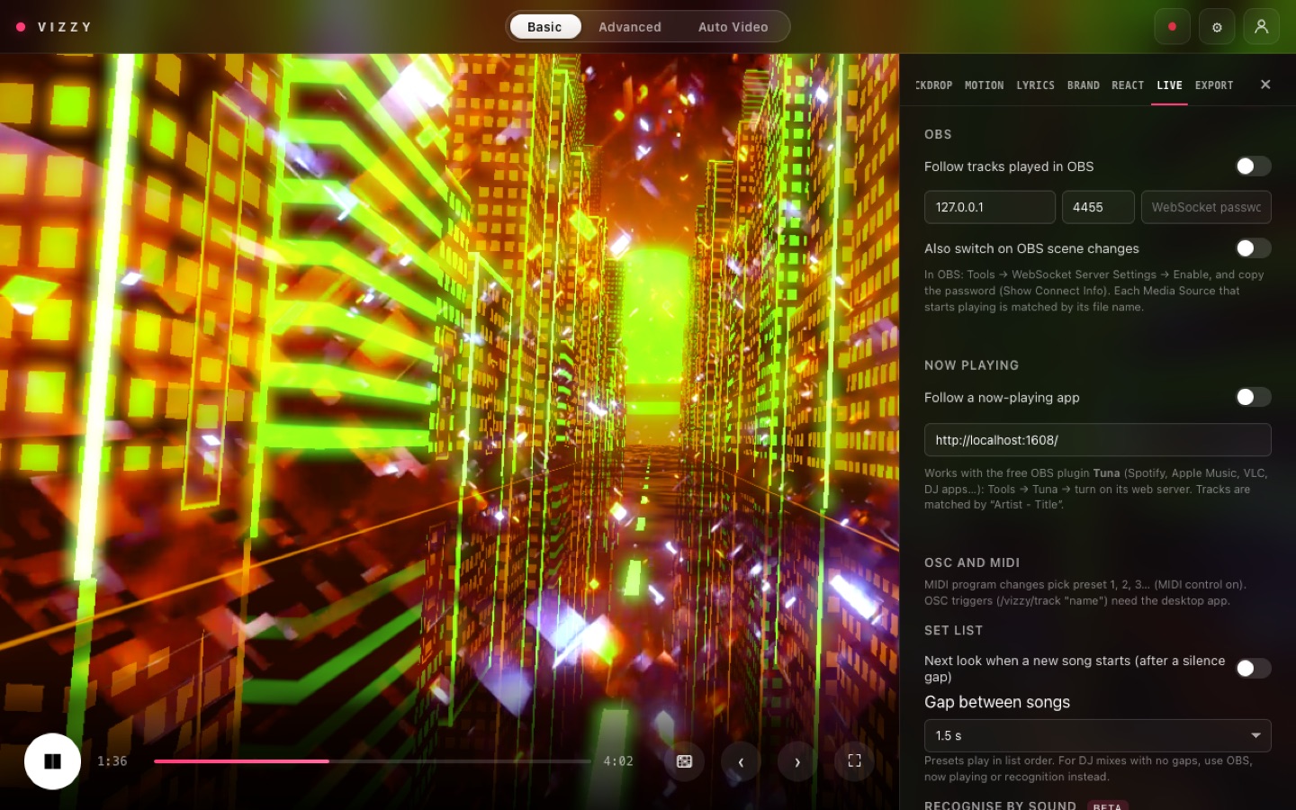 OBS, now playing, OSC and set list settings