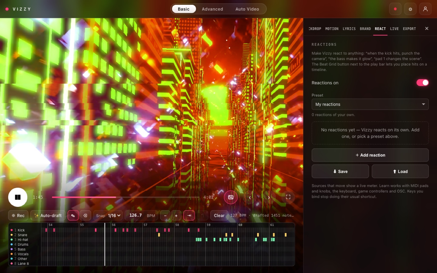 React tab with the Beat Grid open
